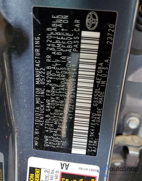 2022 Toyota Avalon Xle from USA, damaged, VIN 4T1JZ1FB2NU081541